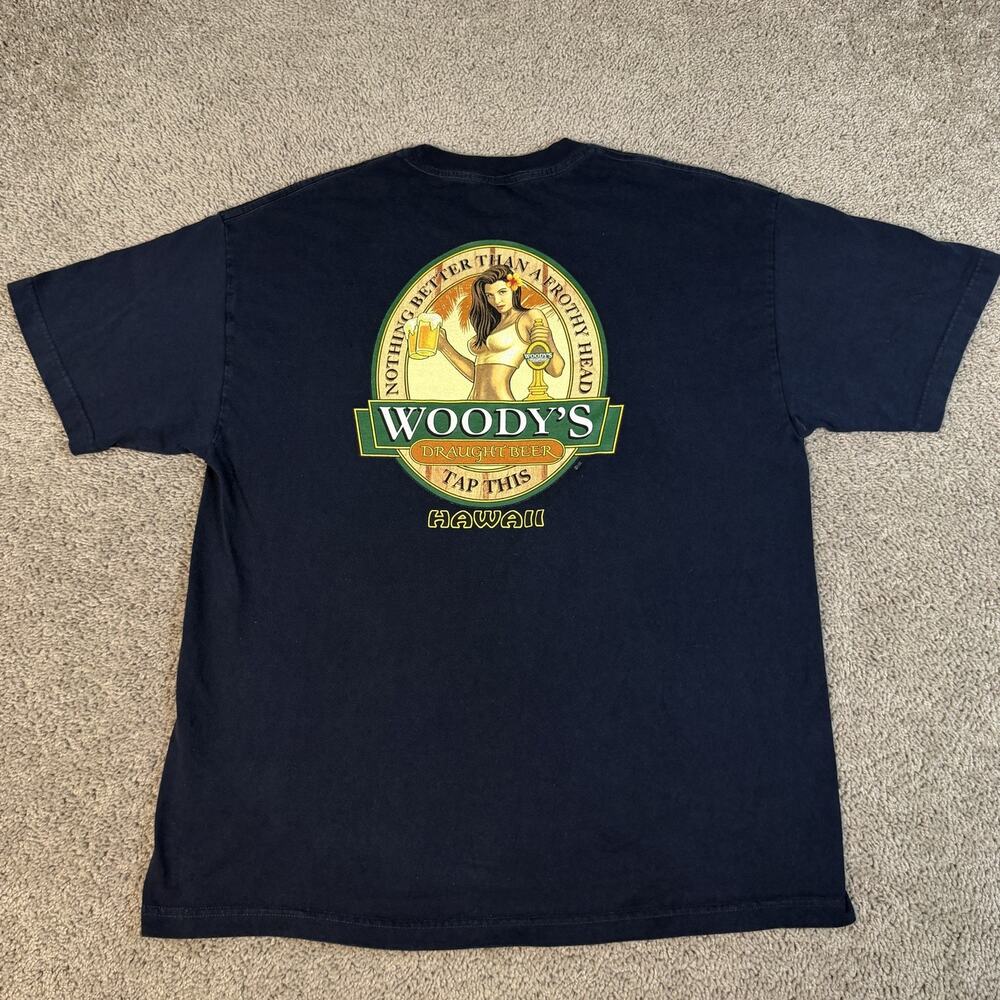 Woody's Draught Beer Shirt Mens XL Black Beer Hawaii Graphic Crew Neck Cotton